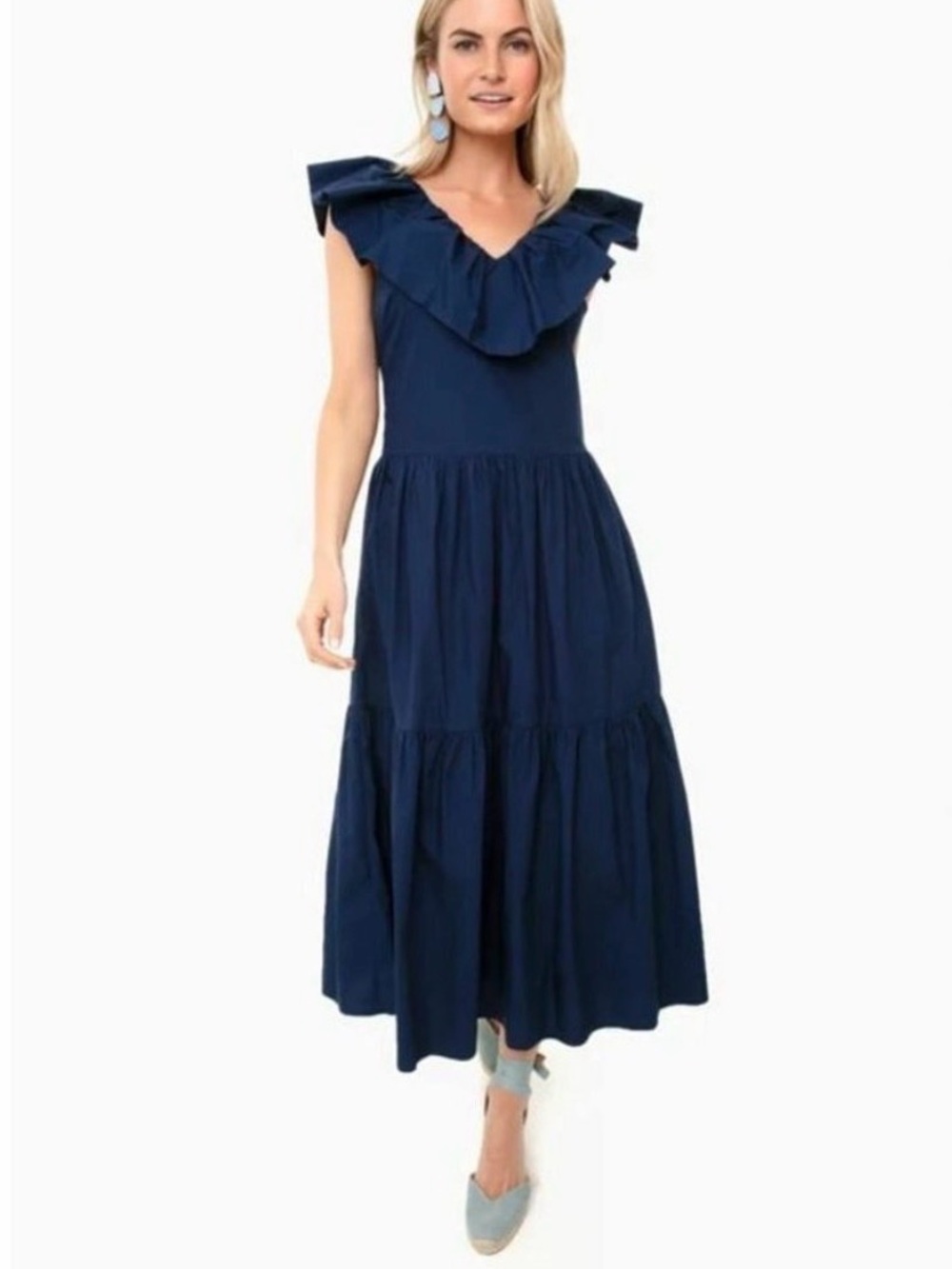 Tuckernuck Pomander Place Cotton Navy Blue Ruffle Tiered Midi Dress Size S Cotta